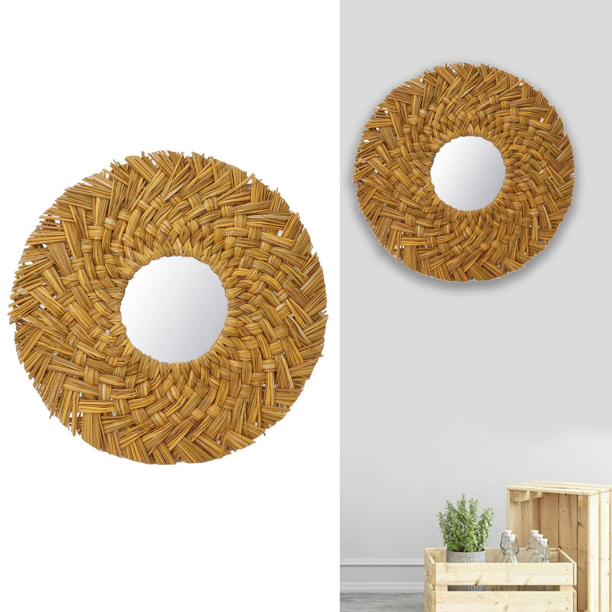 Straw Weaving Wall Mirror Retro Beautiful Woven Wall Hanging Mirror for Dorm Room Decoration Gold