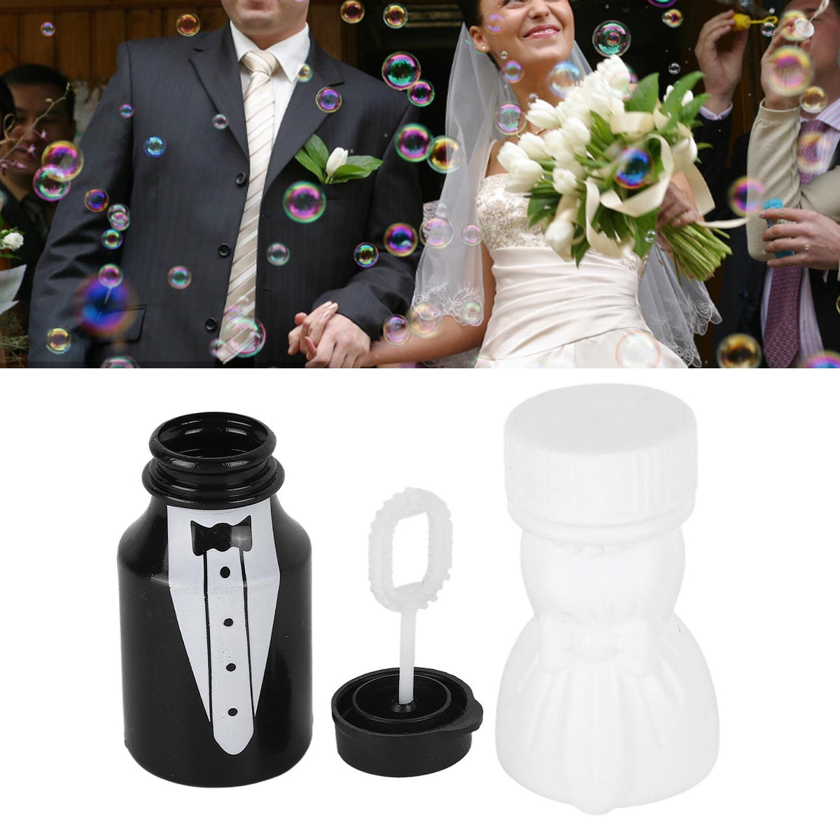26PCS Wedding Bubble Bottles Bride and Groom Shape Mini Bubble Party Bottle for Anniversary Engagement Bridal Celebration Black and White