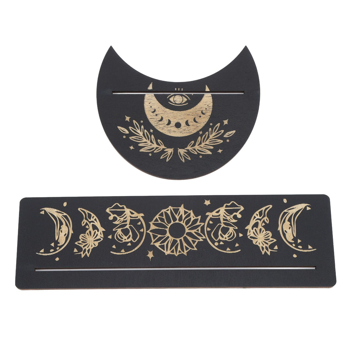 2 Pieces Wooden Tarot Card Stand Holder Moon Shape and Rectangle Wooden Tarot Card Display Stand Base Black Type A