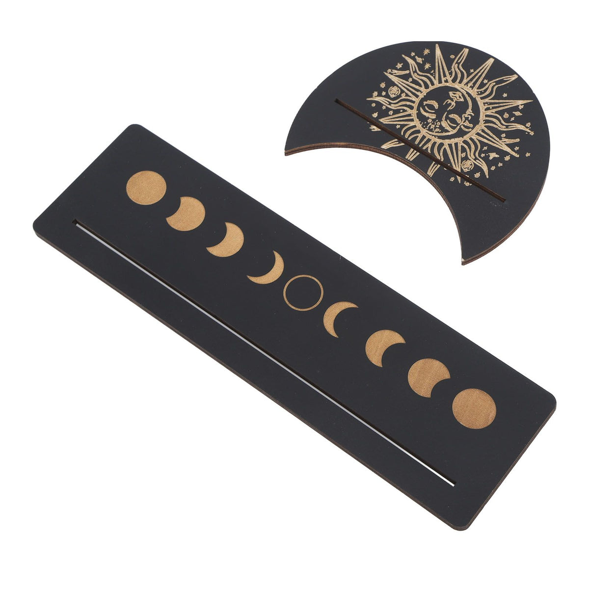 2 Pieces Wooden Tarot Card Stand Holder Moon Shape and Rectangle Wooden Tarot Card Display Stand Base Black Type B