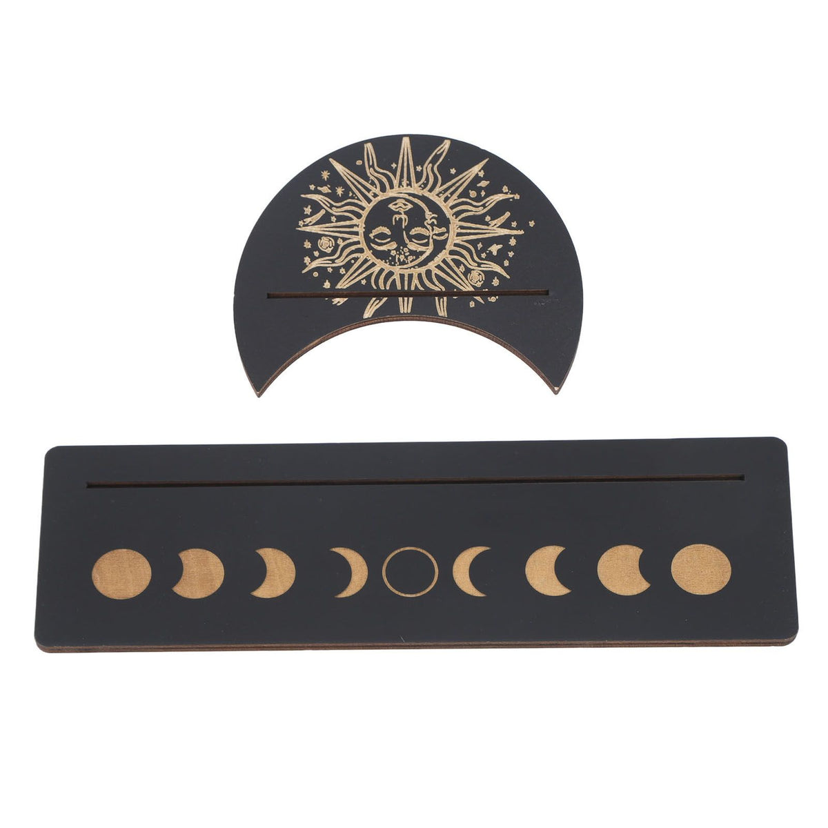 2 Pieces Wooden Tarot Card Stand Holder Moon Shape and Rectangle Wooden Tarot Card Display Stand Base Black Type B