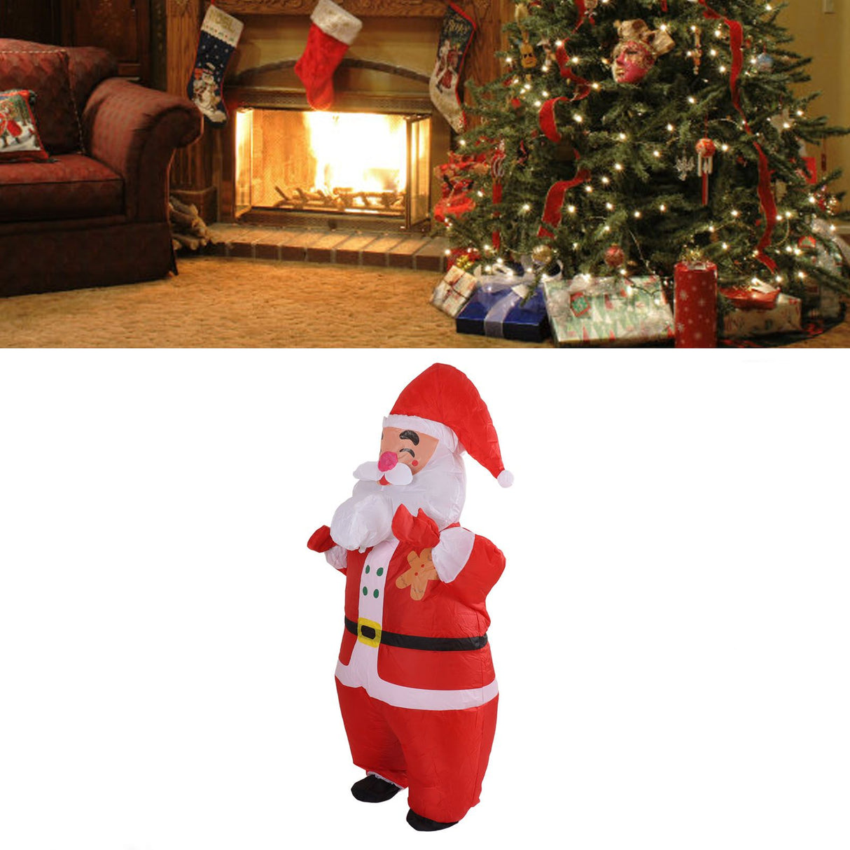 Inflatable Christmas Costume Funny Blow Up Christmas Party Doll Suit for 150‑190cm Adult Cosplay Big Head Santa