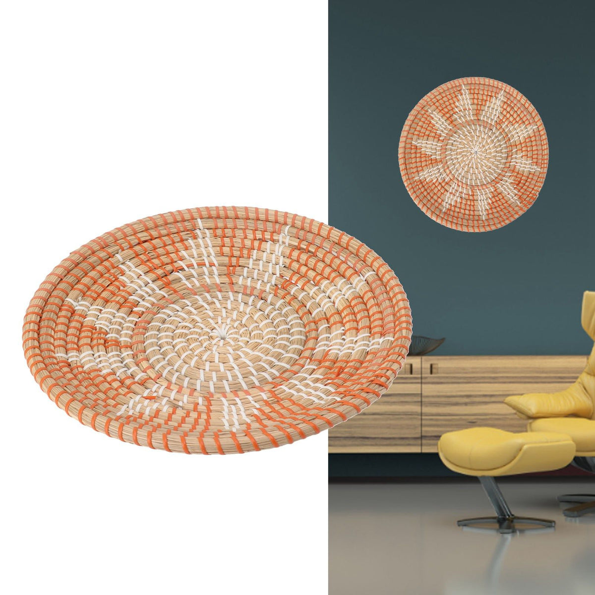 Round Grass Wall Ornaments 35cm Diameter Hand Knitting Hanging Woven Wall Baskets for Living Room Kitchen Style 1