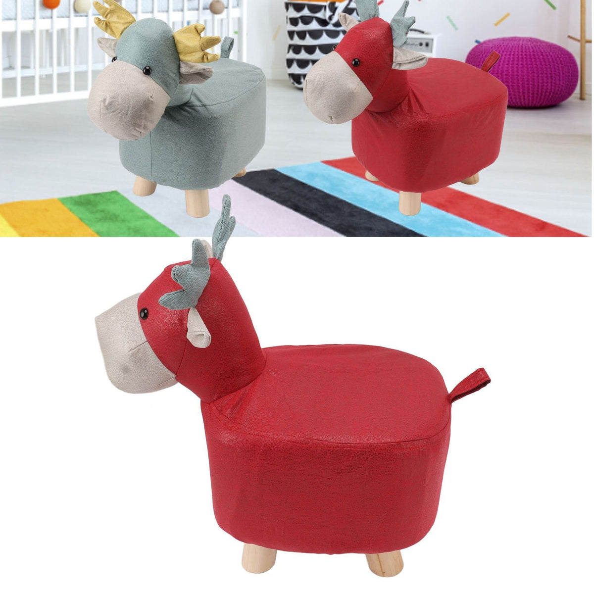 Animal Footstools Prevent Slip Cute Cartoon Giraffe Shape Soft Small Kids Stools for Home Red