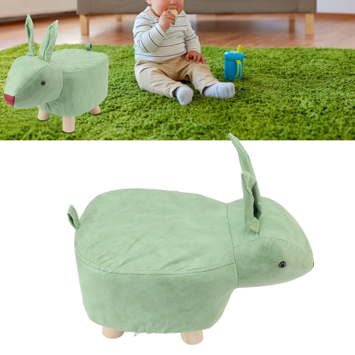 Cartoon Animal Shaped Stool Kid Home Living Room Cute Wooden Footstool for Playroom Courtyard Green