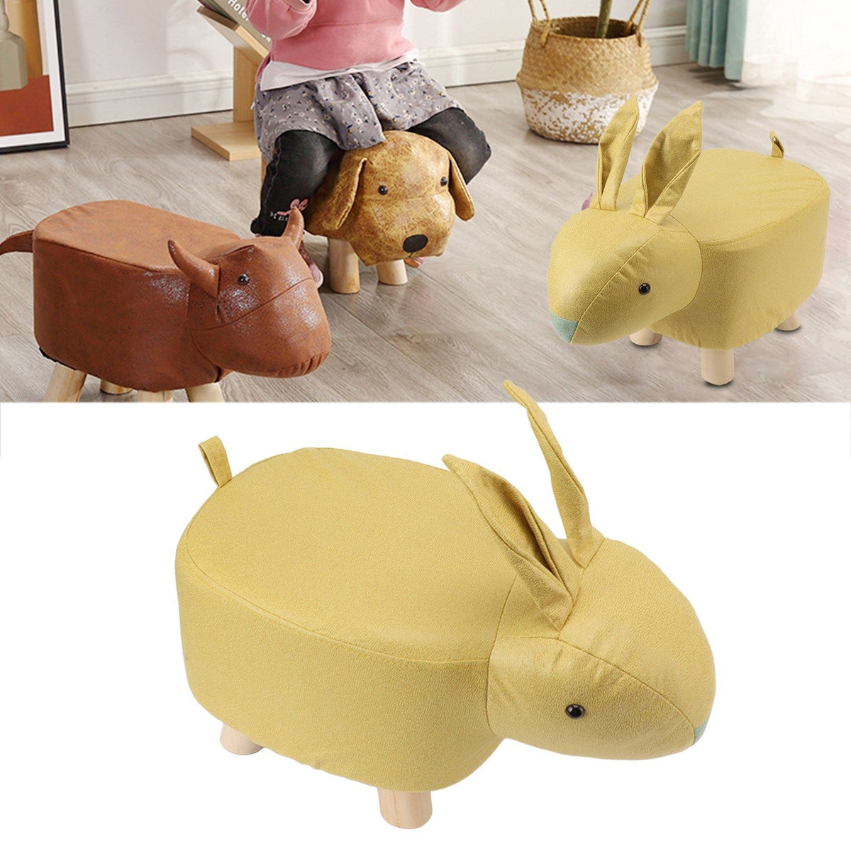 Cartoon Animal Shaped Stool Kid Home Living Room Cute Wooden Footstool for Playroom Courtyard Yellow