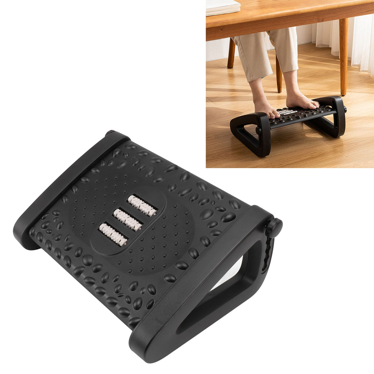 Under Desk Footrest 6 Height Adjustable Ergonomic Foot Stool with Massage Texture and Roller for Office Black