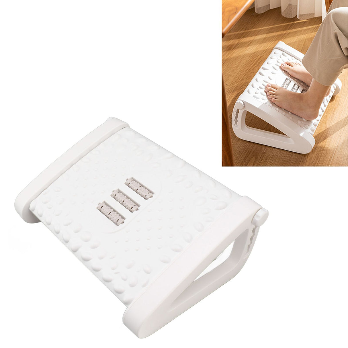 Under Desk Footrest 6 Height Adjustable Ergonomic Foot Stool with Massage Texture and Roller for Office White