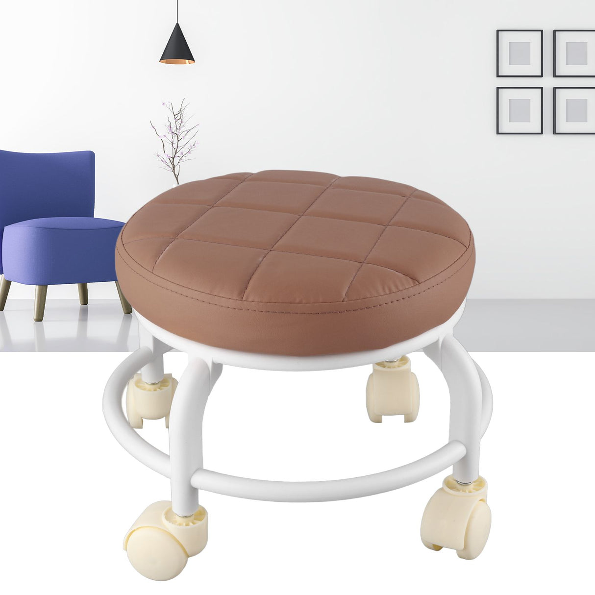 Rolling Ottoman High Density Memory Foam Waterproof Quiet Wheels Double Layers Footrest Stool for Family Office Coffee Color