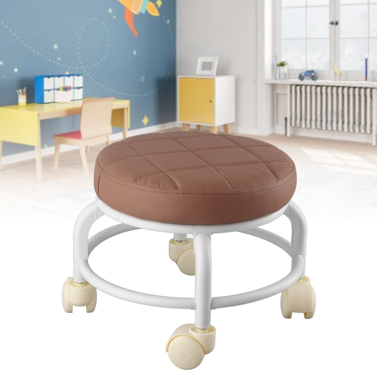 Rolling Ottoman High Density Memory Foam Waterproof Quiet Wheels Double Layers Footrest Stool for Family Office Coffee Color
