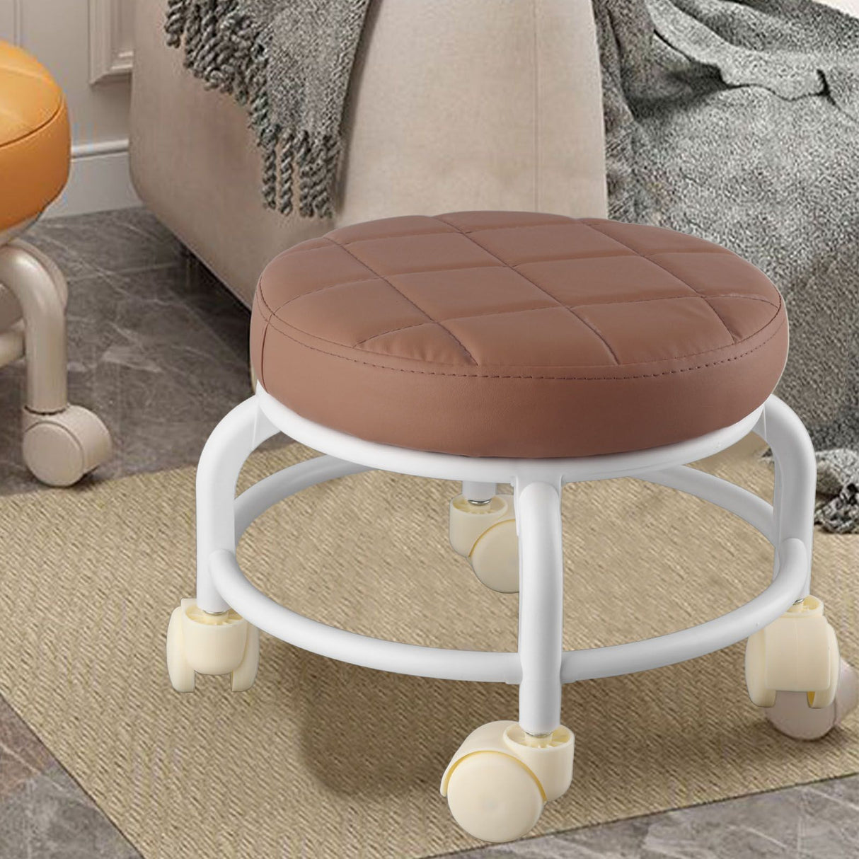 Rolling Ottoman High Density Memory Foam Waterproof Quiet Wheels Double Layers Footrest Stool for Family Office Coffee Color