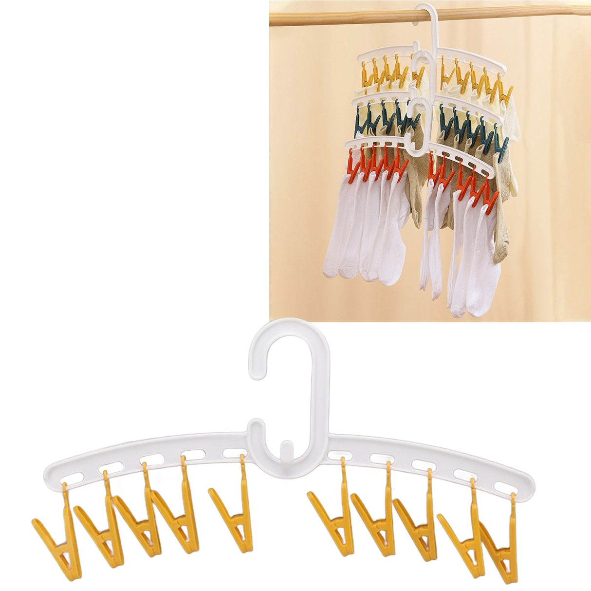 Plastic Sock Clips Drying Rack Straight Rod for Clothes Travel Portable Supplies White and Yellow