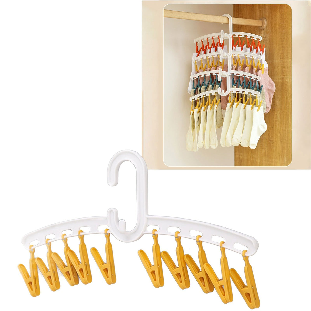 Plastic Sock Clips Drying Rack Straight Rod for Clothes Travel Portable Supplies White and Yellow