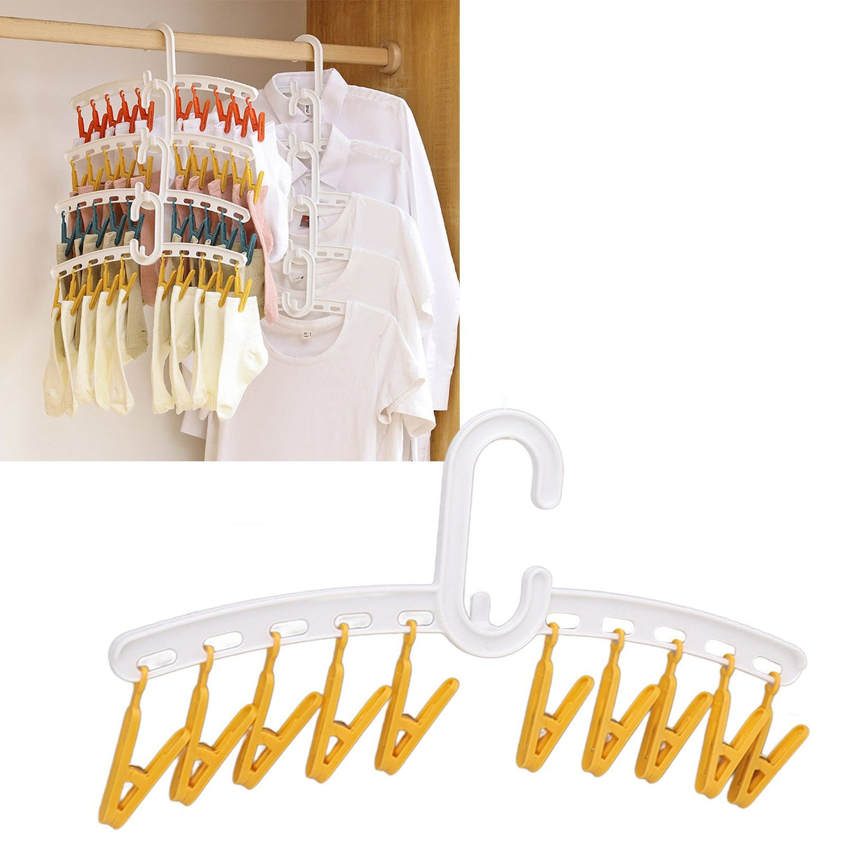 Plastic Sock Clips Drying Rack Straight Rod for Clothes Travel Portable Supplies White and Yellow