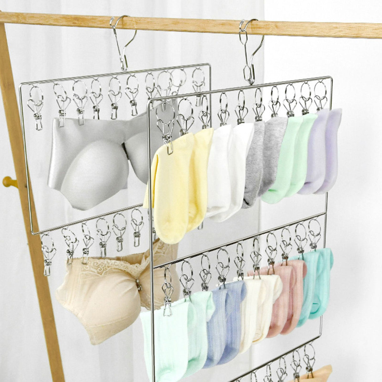 Stainless Steel Sock Drying Rack for Towels Cloth Diapers Bras Baby Clothes Underwear Hat Gloves 2 Layer 20 Clip