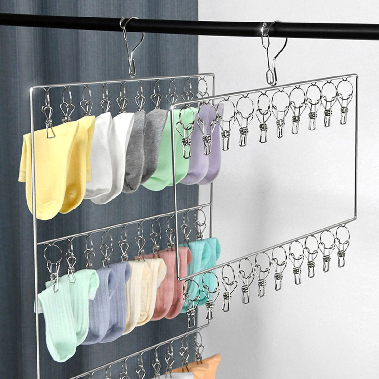Stainless Steel Sock Drying Rack for Towels Cloth Diapers Bras Baby Clothes Underwear Hat Gloves 2 Layer 20 Clip