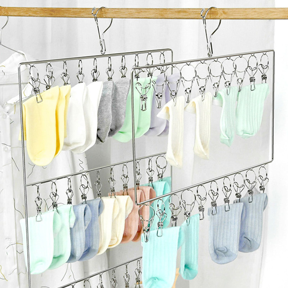 Stainless Steel Sock Drying Rack for Towels Cloth Diapers Bras Baby Clothes Underwear Hat Gloves 2 Layer 20 Clip