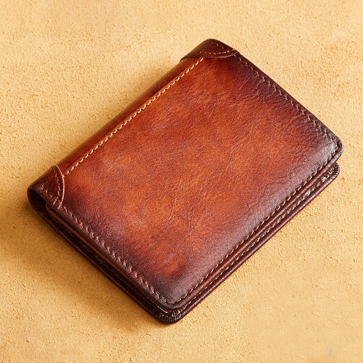Trifold Wallet Retro Style Large Space Multi Card Slots Men Leather Wallet Coin Purse Yellowish Brown