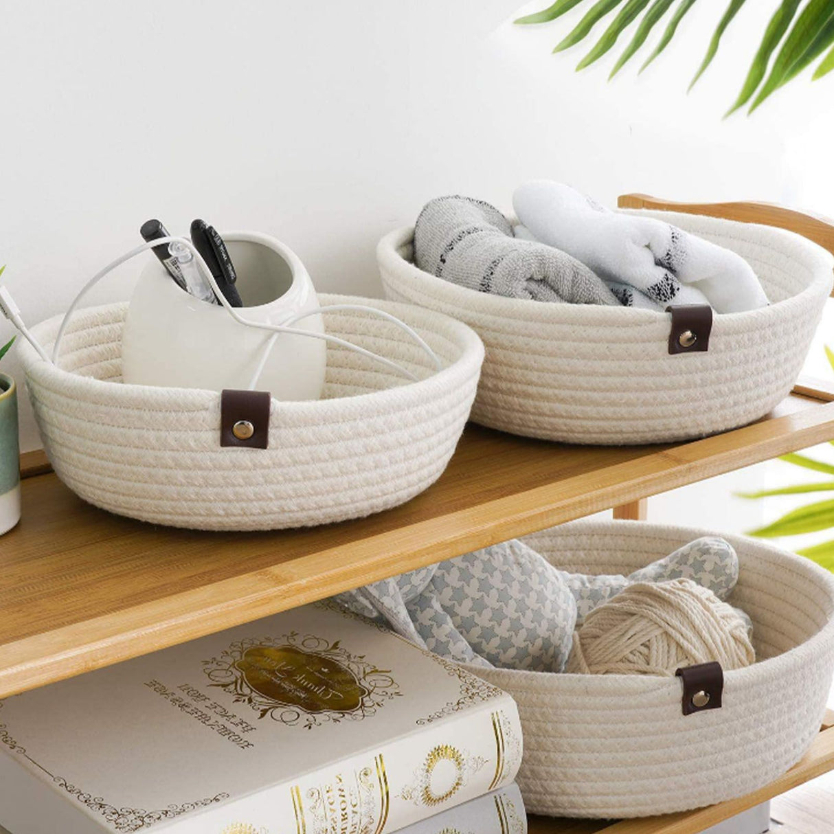 3 Piece Cotton Rope Woven Storage Basket Set Round Cotton Linen Storage Basket for Desktop Organizing White