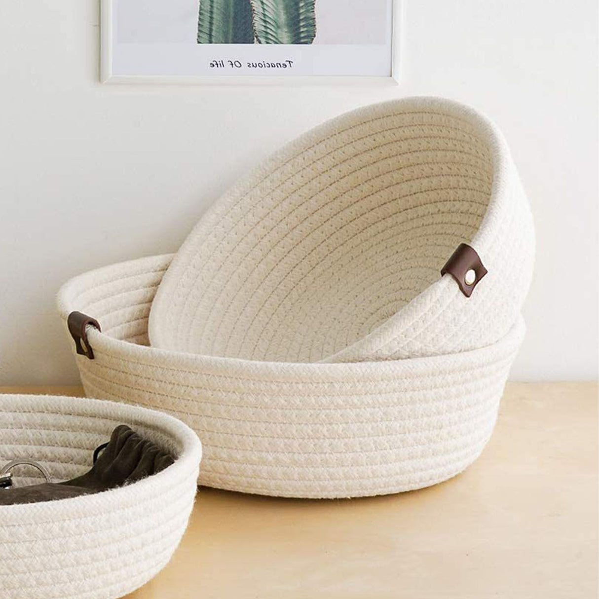 3 Piece Cotton Rope Woven Storage Basket Set Round Cotton Linen Storage Basket for Desktop Organizing White