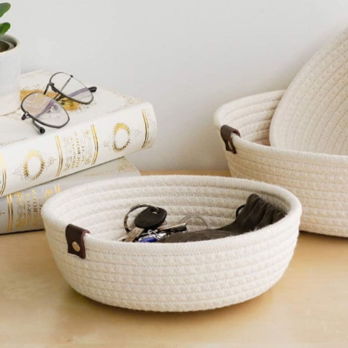 3 Piece Cotton Rope Woven Storage Basket Set Round Cotton Linen Storage Basket for Desktop Organizing White