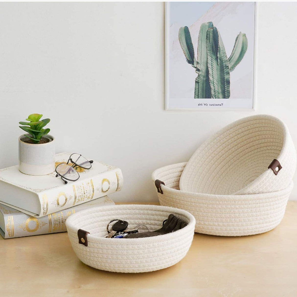 3 Piece Cotton Rope Woven Storage Basket Set Round Cotton Linen Storage Basket for Desktop Organizing White
