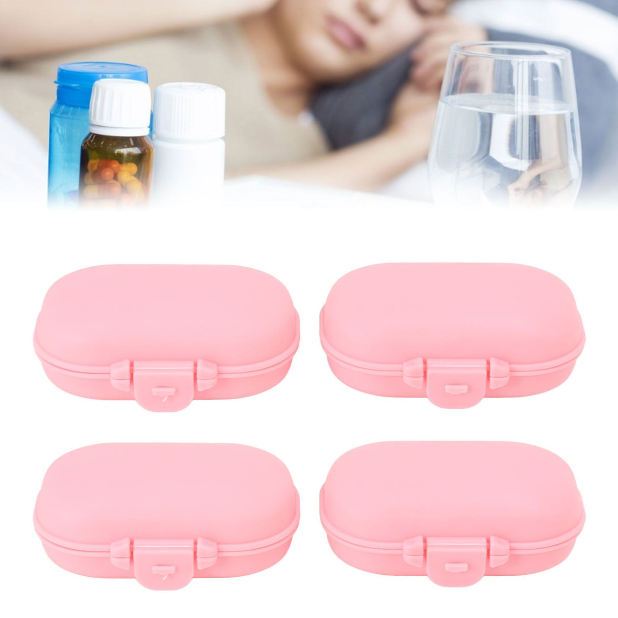 7PCS Medicine Case Portable Detachable Safe Mini 4 Compartments Medicine Organizer for Outdoor Travel Pink