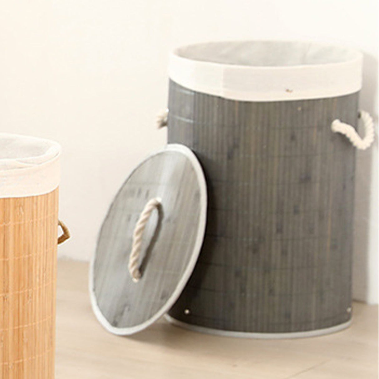 Foldable Laundry Basket Grocery Basket Bamboo Large Capacity Dirty Clothes Storage Bucket for Home 1.0 Grey Round