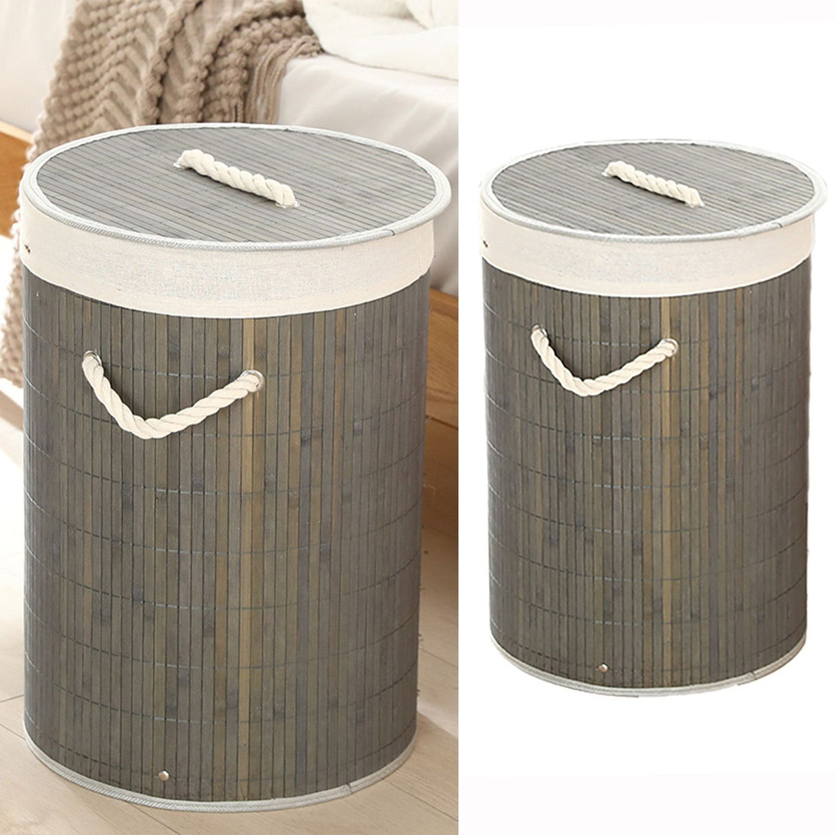 Foldable Laundry Basket Grocery Basket Bamboo Large Capacity Dirty Clothes Storage Bucket for Home 1.0 Grey Round