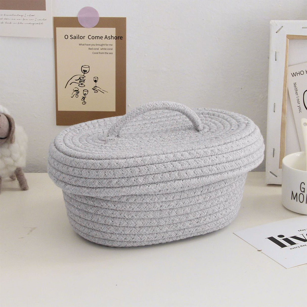 Desktop Storage Box with Lid Handmade Cotton Rope Storage Basket for Makeup Sundries Snack Needles Grey
