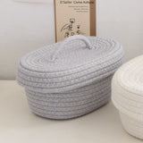 Desktop Storage Box with Lid Handmade Cotton Rope Storage Basket for Makeup Sundries Snack Needles Grey - Rear View