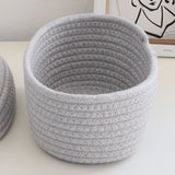 Desktop Storage Box with Lid Handmade Cotton Rope Storage Basket for Makeup Sundries Snack Needles Grey - Close-Up Angle