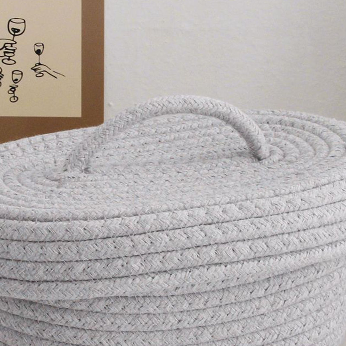 Desktop Storage Box with Lid Handmade Cotton Rope Storage Basket for Makeup Sundries Snack Needles Grey