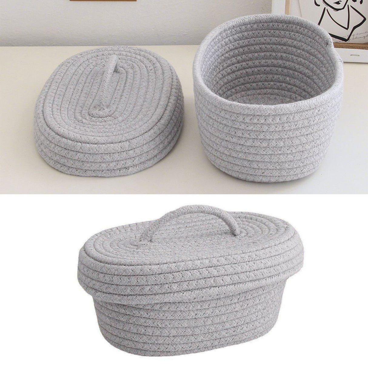 Desktop Storage Box with Lid Handmade Cotton Rope Storage Basket for Makeup Sundries Snack Needles Grey