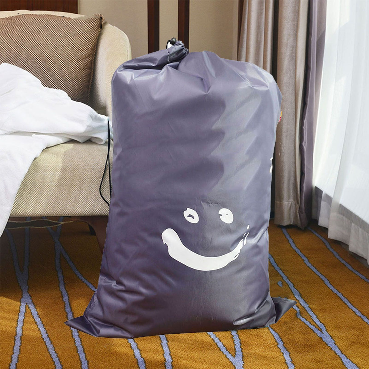 Laundry Bag Nylon Drawstring Cylinder for Household Travel Dirty Clothes Quilt Books Storage Dark Grey Smiling Face