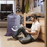 Laundry Bag Nylon Drawstring Cylinder for Household Travel Dirty Clothes Quilt Books Storage Dark Grey Smiling Face