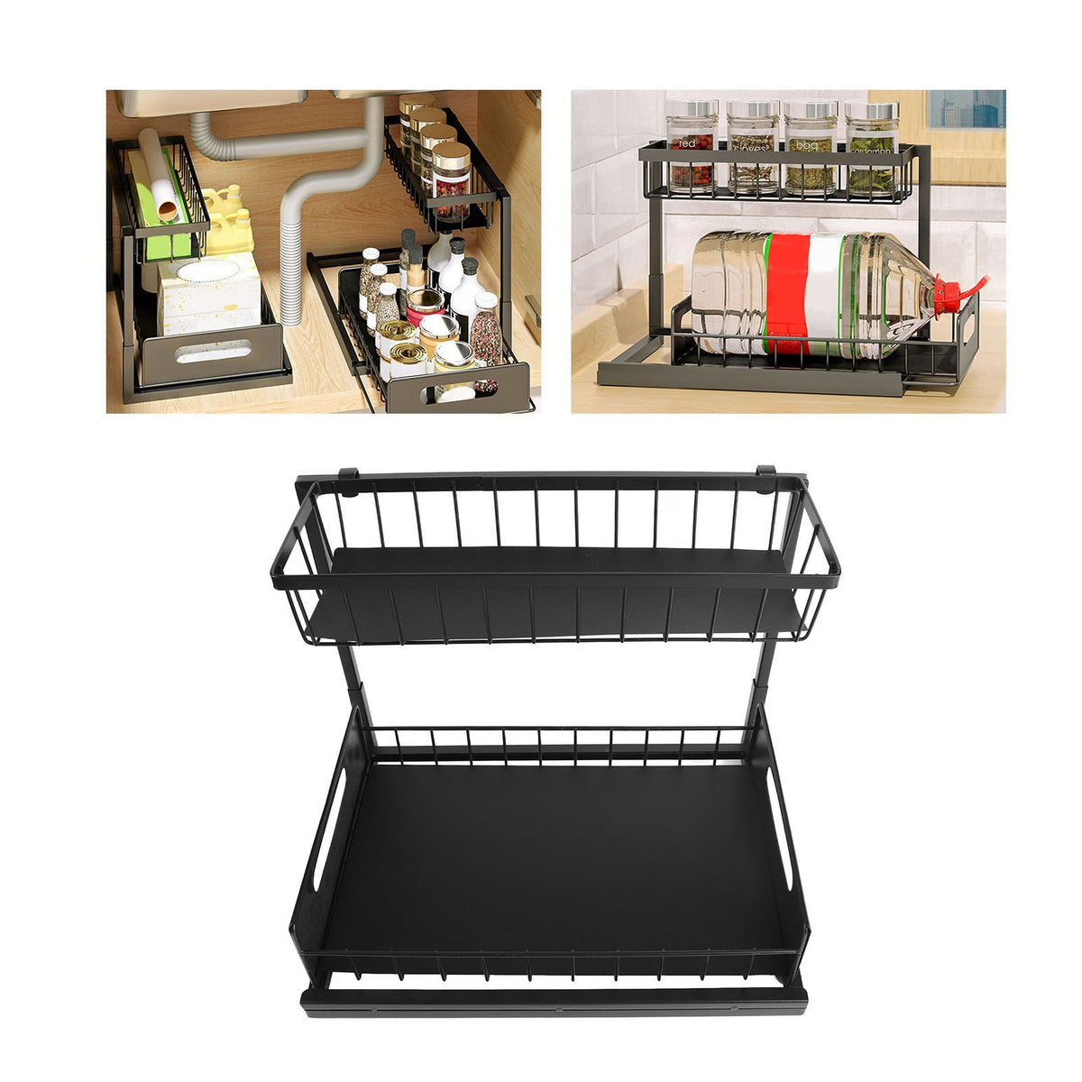Under Sink Organizer L Shape 2 Tier Slide Out Sink Shelf for Under Kitchen Bathroom Sink Organizers and Storage Black