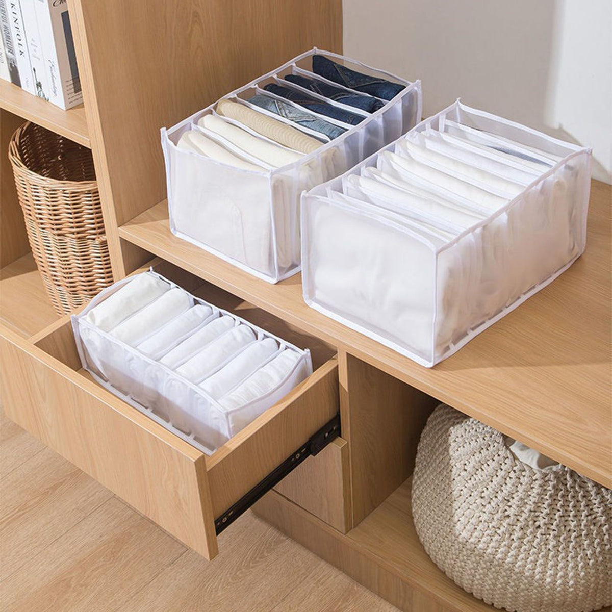 2Pcs White 7 Gird Pants Divider Storage Box Pants 7 Compartment Closet Pants Storage Case Organizer