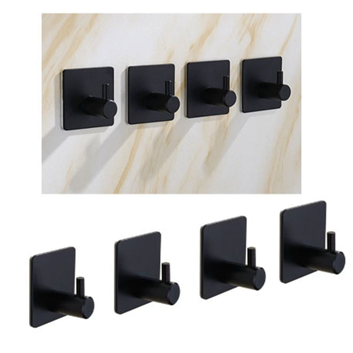 4PCS Clothes Hooks Strong Adhesive Wall Hook 304 Stainless Steel Hanging Hooks Black Square