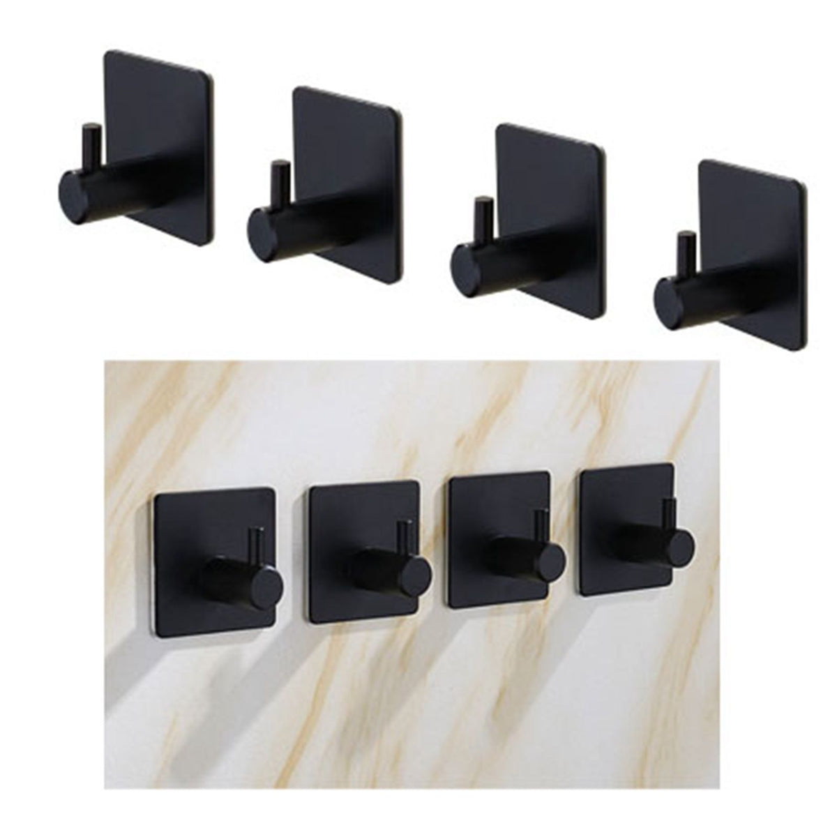 4PCS Clothes Hooks Strong Adhesive Wall Hook 304 Stainless Steel Hanging Hooks Black Square
