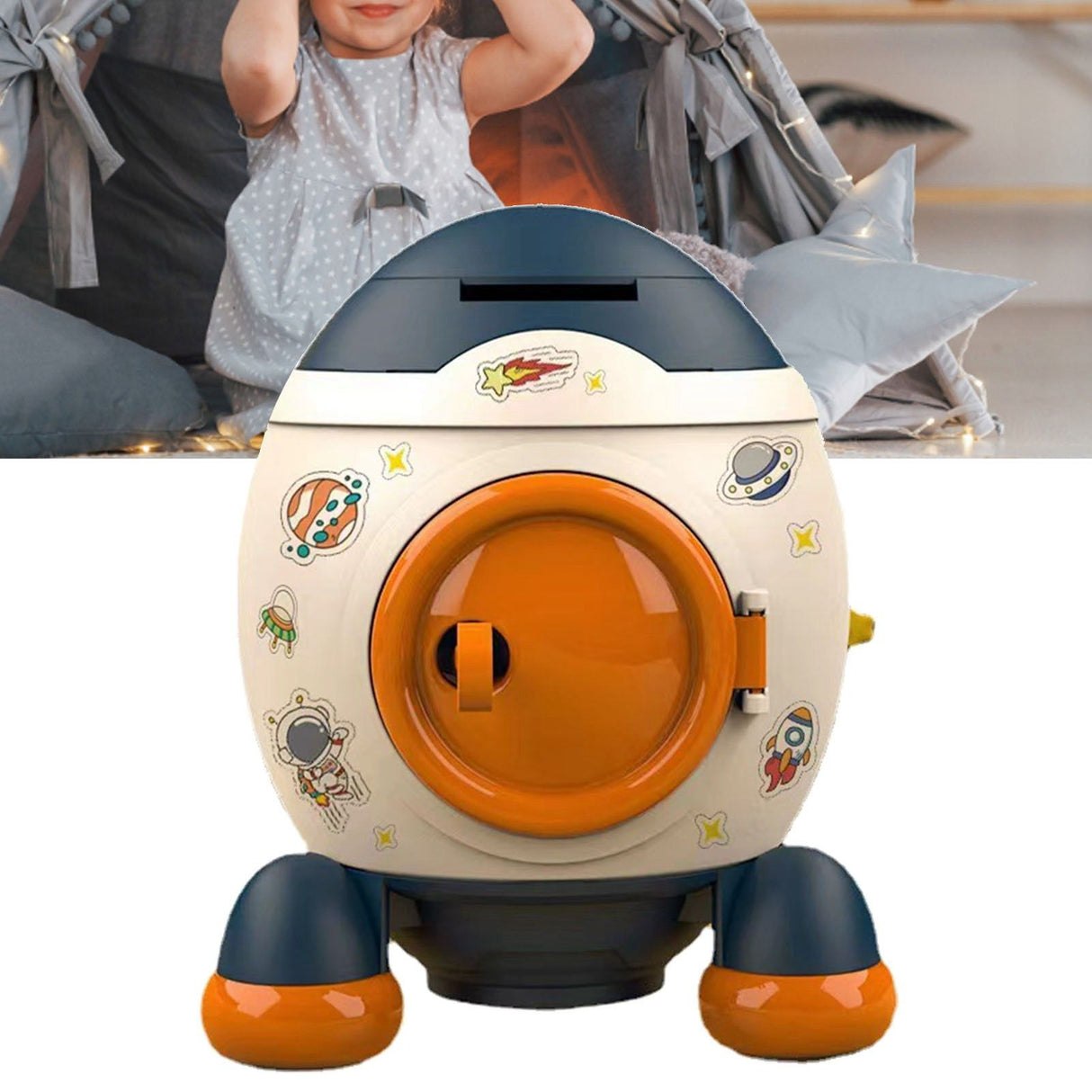 Cartoon Style Space Rocket Piggy Bank Money Bank Money Saving Jar Boys Girls Gift Morandi Blue