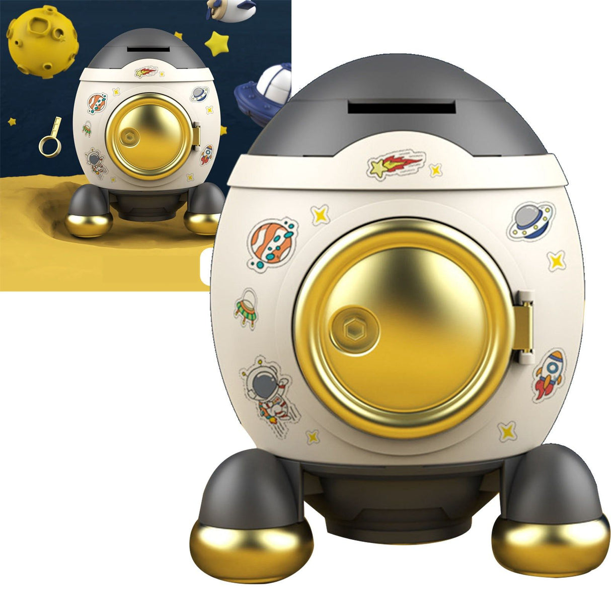 Cartoon Style Space Rocket Piggy Bank Money Bank Money Saving Jar Boys Girls Gift Luxurious Grey Gold