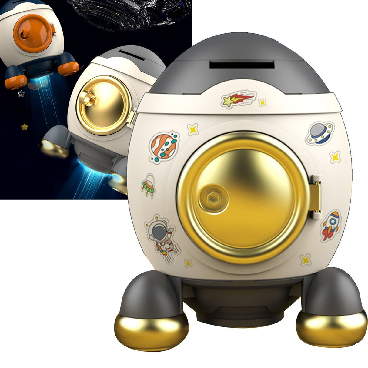 Cartoon Style Space Rocket Piggy Bank Money Bank Money Saving Jar Boys Girls Gift Luxurious Grey Gold