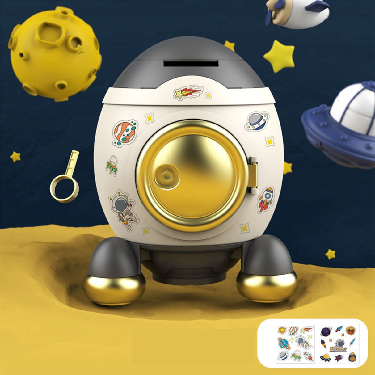 Cartoon Style Space Rocket Piggy Bank Money Bank Money Saving Jar Boys Girls Gift Luxurious Grey Gold