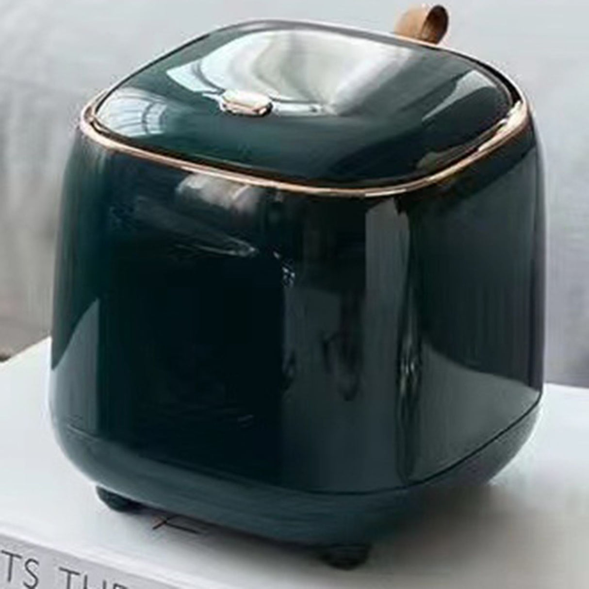 Push Type Desktop Trash Bin with Lid Fashionable Double Layer Large Opening Garbage Container for Living Room Dark Green