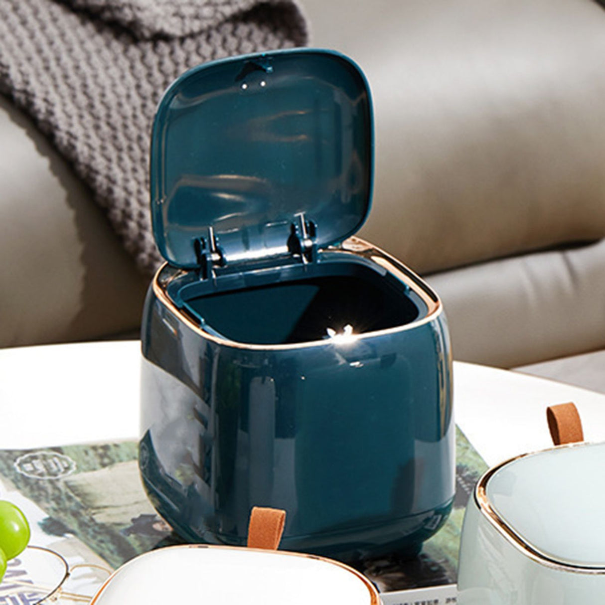 Push Type Desktop Trash Bin with Lid Fashionable Double Layer Large Opening Garbage Container for Living Room Dark Green