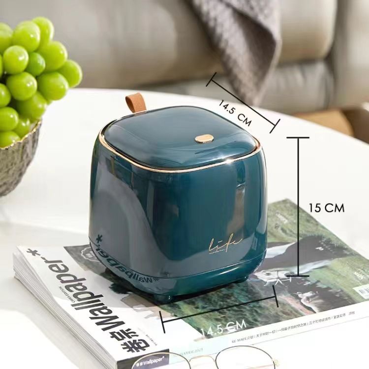 Push Type Desktop Trash Bin with Lid Fashionable Double Layer Large Opening Garbage Container for Living Room Dark Green
