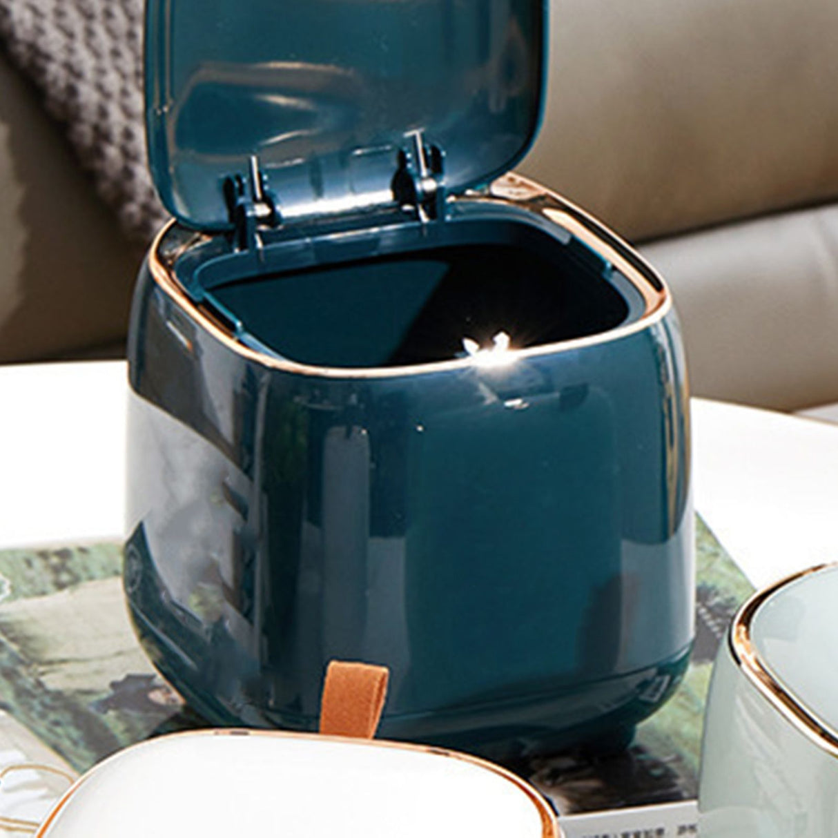 Push Type Desktop Trash Bin with Lid Fashionable Double Layer Large Opening Garbage Container for Living Room Dark Green