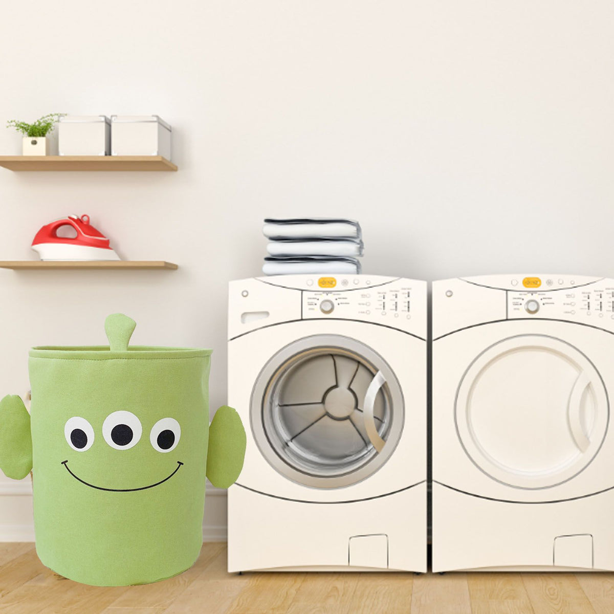 Fabric Storage Basket Collapsible Waterproof Cartoon Canvas Toy Organizer Laundry Basket for Playroom Bedroom Green Monster Three Layers Thickened 35x40cm / 13.8x15.7in