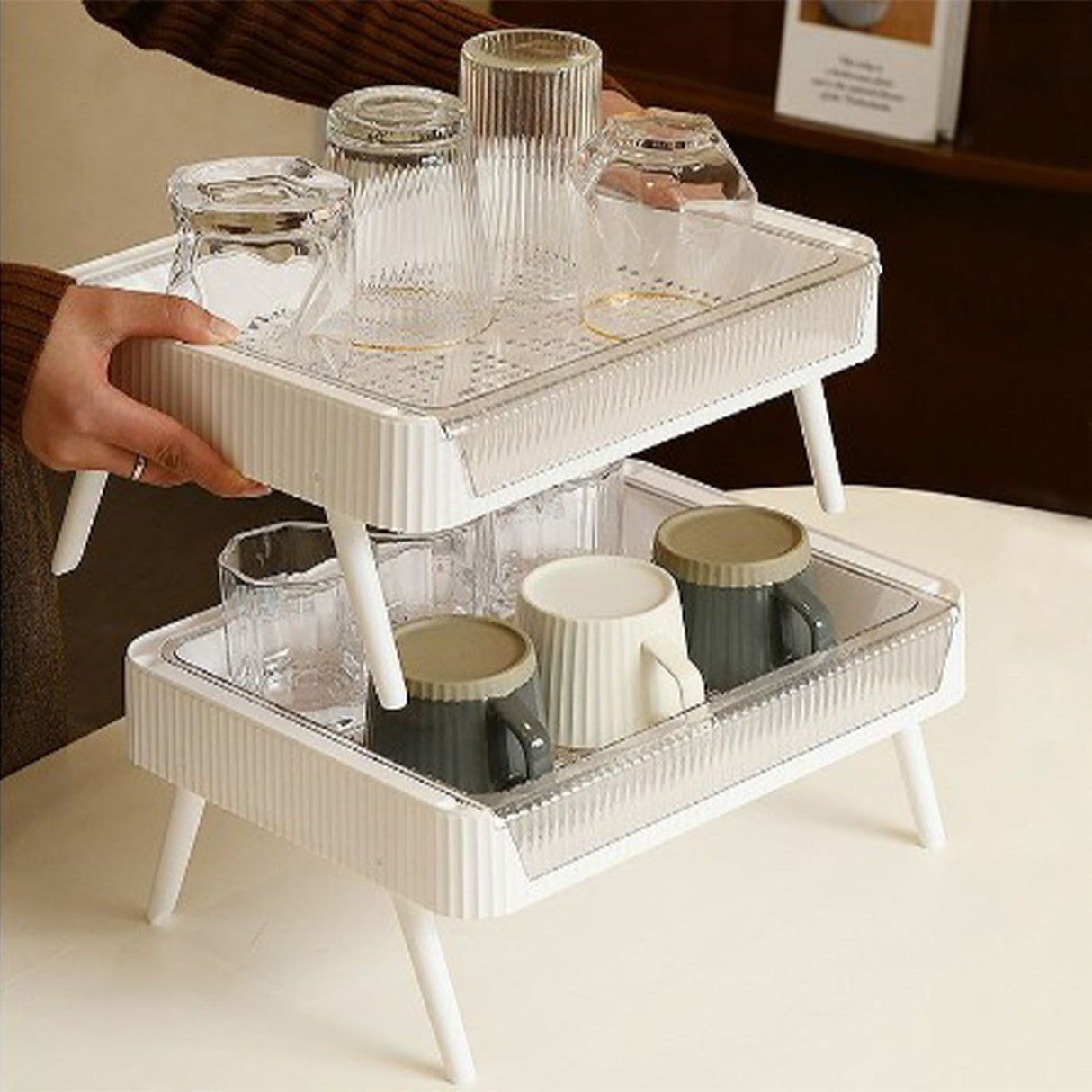 Food Preparation Plate Stackable Foldable Double Layer Hollow Drainage Hot Pot Serving Tray for Kitchen L